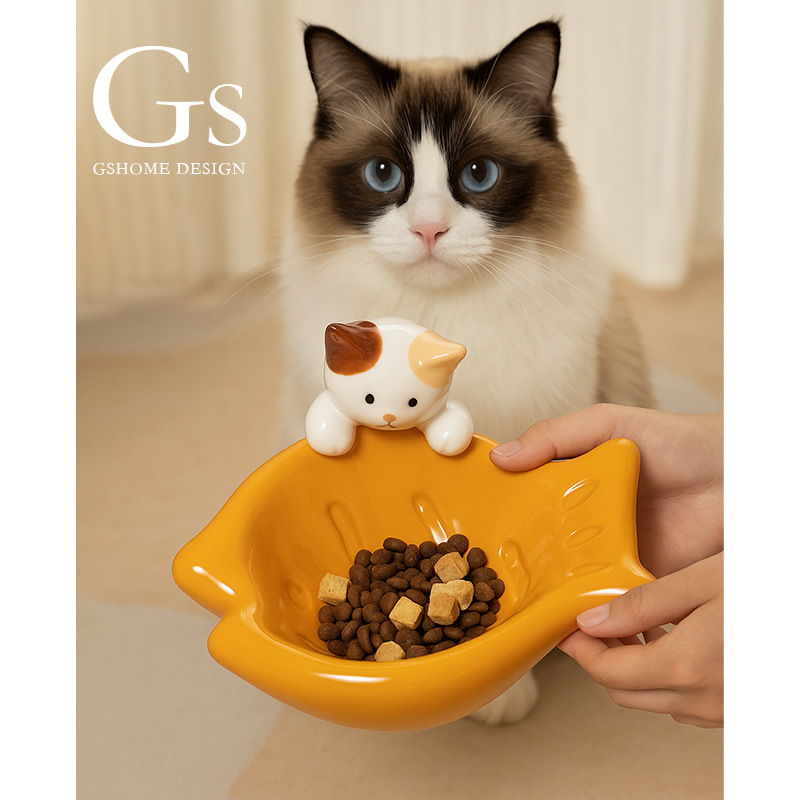 矮脚猫幼猫专用陶瓷猫碗大容量保护颈椎创意可爱宠物碗卡通猫粮碗
