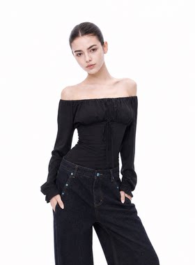 一字肩系带灯笼袖修身显瘦T恤女