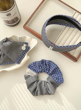 甜美蓝格纹灰色发圈少女复古蕾丝布艺大肠圈方巾马尾头绳发饰新款