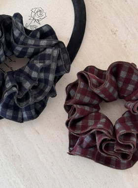 韩系同款紫色四层格纹头花大肠发圈高级感头绳马尾丸子头发绳发饰