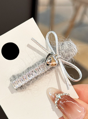 秋冬新款灰色毛绒蝴蝶结发夹复古刘海夹碎发卡子侧边夹前额对夹女