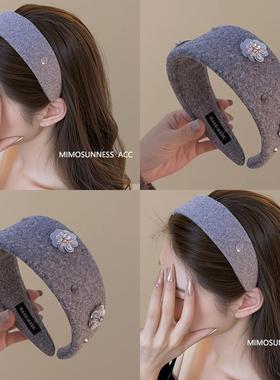 高级黑灰色水钻亮片花朵发箍宽版简约复古头箍日常百搭发卡发饰