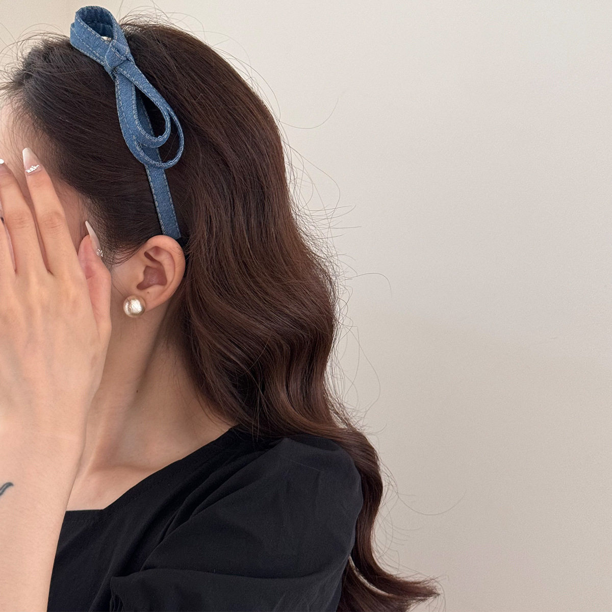 复古甜美发箍女高级感牛仔蓝立体蝴蝶结头箍百搭气质发饰2025新款