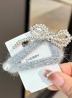 秋冬新款时尚灰色马海毛水钻蝴蝶结发夹精致侧边BB夹鸭嘴夹头饰女