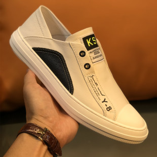 套脚休闲板鞋 男一脚蹬英伦风小白鞋 白色透气 真皮乐福鞋 欧洲站男鞋