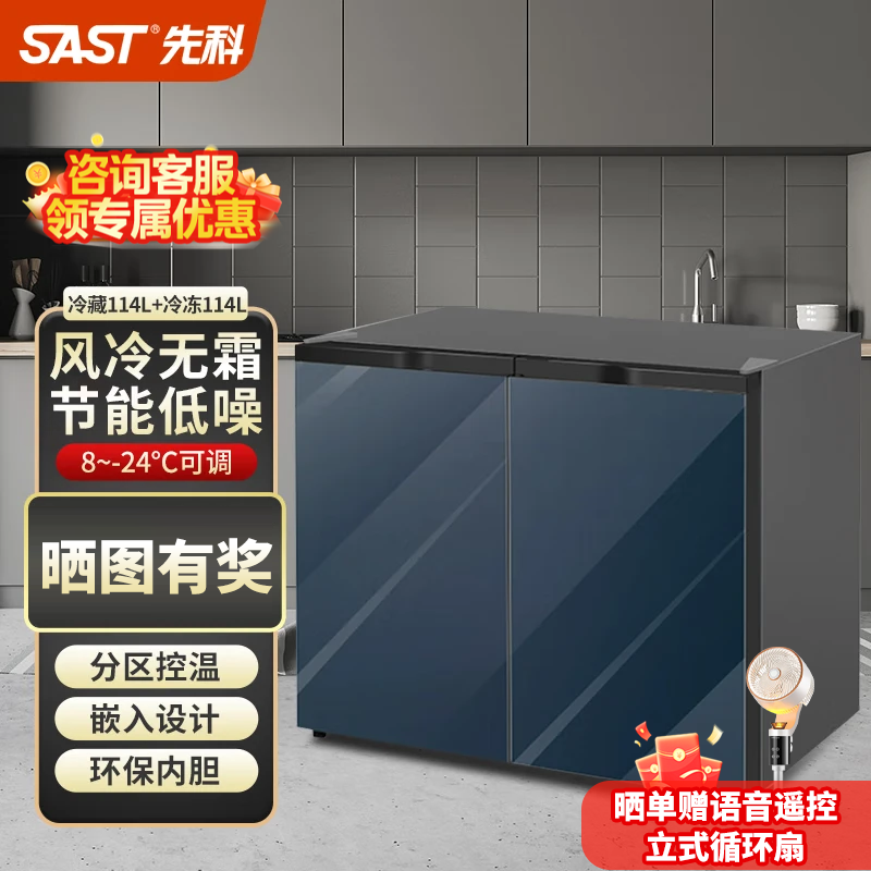 SAST/先科 BCD-228L冰箱卧式嵌入式家用双开门厨房冰柜风冷无霜