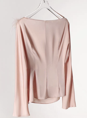 醋酸白色法式一字肩飘带醋酸衬衫女秋季设计感气质长袖上衣