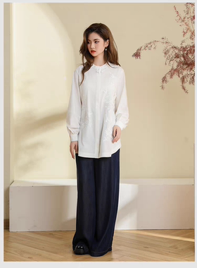 醋酸免烫抗皱刺绣衬衫女通勤新中式宽松绣花白色衬衣（厂家直营）