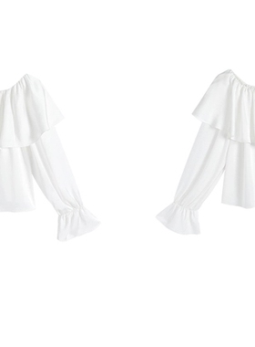 醋酸双皱白色法式一字肩飘带醋酸衬衫女秋季设计感气质长袖上衣