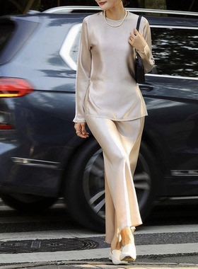 TWOROSES自带优雅贵气进口三醋酸缎面光泽丝滑修身毛边长袖衬衫