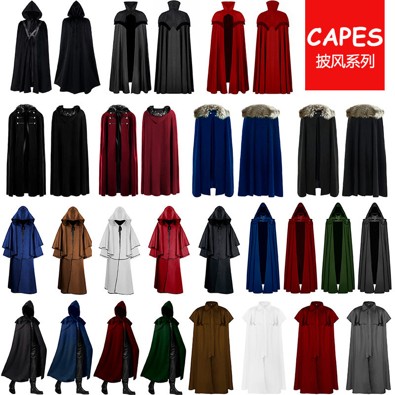 亚马逊欧美新款万圣诞节派对中世纪立领复古提花双层披肩盘扣披风