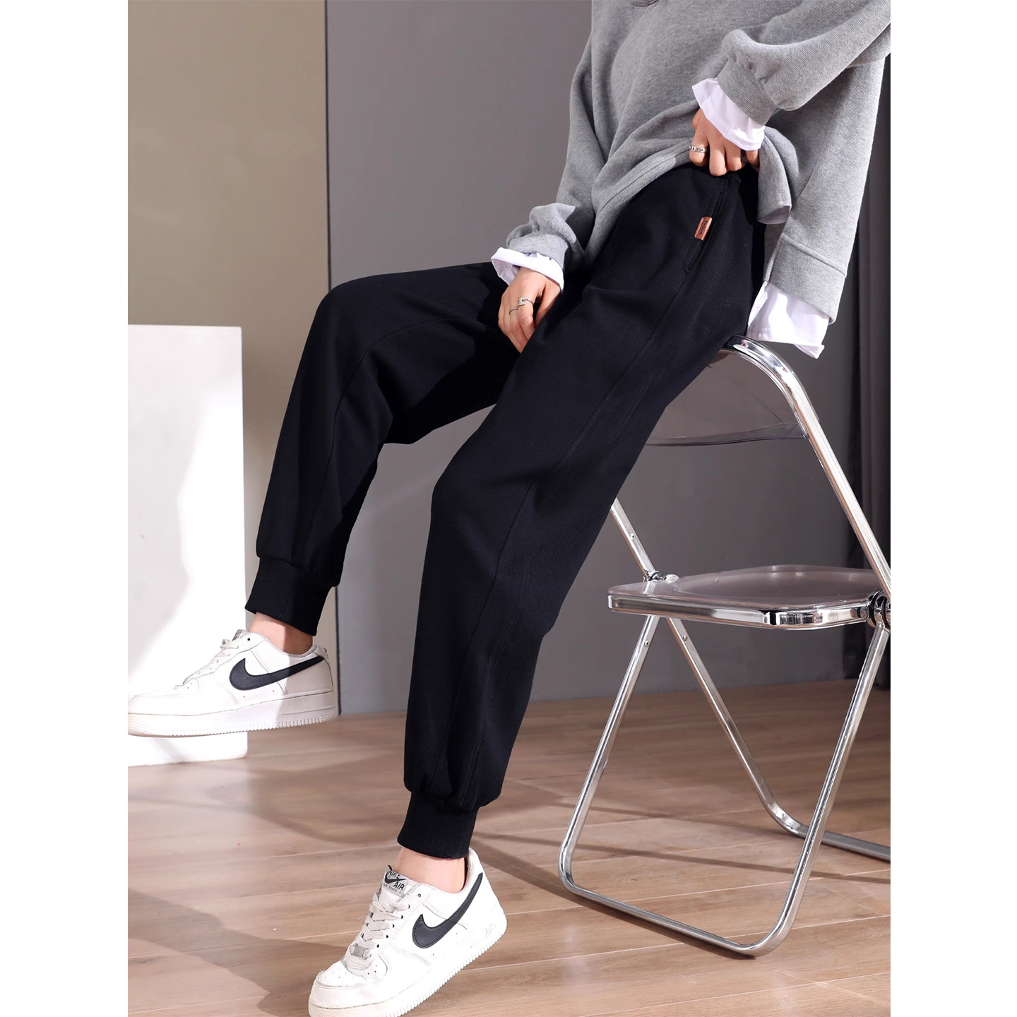 黑色运动裤女春秋2025新款束脚显瘦小个子休闲哈伦裤加绒秋冬卫裤,女装/女士精品,休闲裤,淘宝优惠券,粉丝福利购,淘宝优惠卷