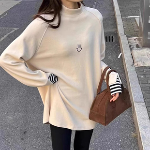 德绒长袖t恤女秋冬季加绒内搭打底衫中长款遮屁股洋气半高领上衣