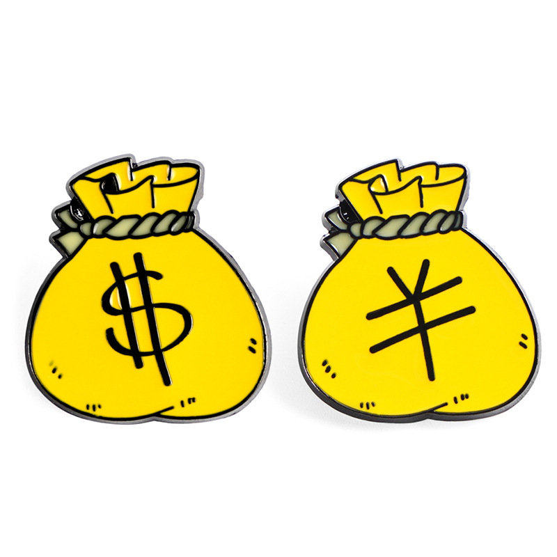 手绘卡通 装满钱的袋子 人民币美元钱袋 合金压铸滴胶胸针徽章