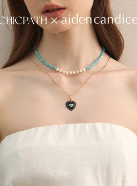 aiden candice月光絮语绿松石白贝母串珠项链度假风叠戴锁骨链女