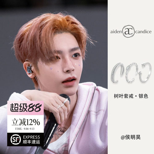 侯明昊同款aiden candice拉丝银叶子纹理素圈套戒四芒星开口戒女