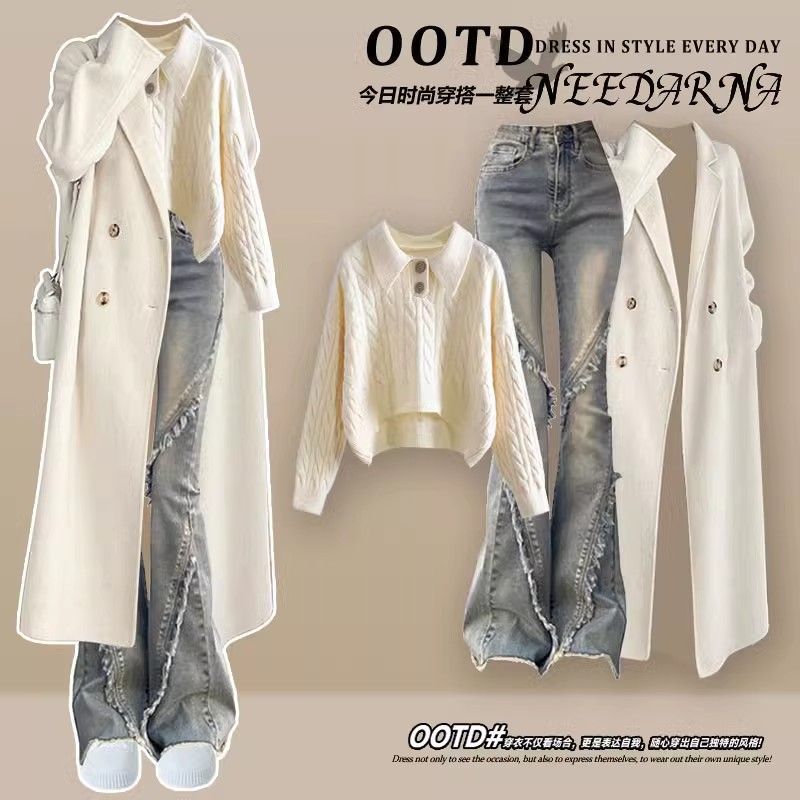 独特绝美针织小套装深秋初冬季穿搭配一整套shis高级感大衣女装潮