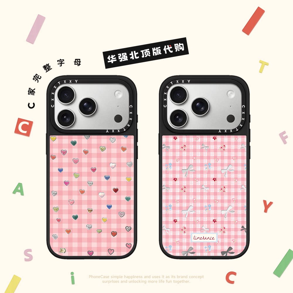 C家粉红格子少女心爱心蝴蝶结适用苹果17/18promax手机壳iphone17pro镜面MagSafe磁吸15/14p韩13pro可爱16pro