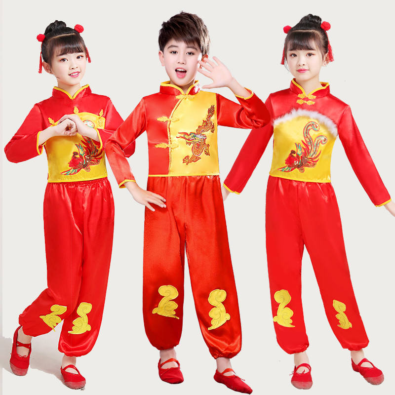 六一儿童演出服打鼓服中国风腰鼓队说唱中国红舞蹈喜庆幼儿表演服