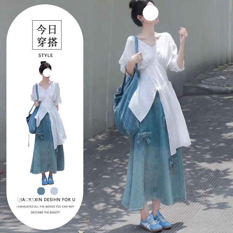 夏季新款小清新套装不规则别致V领上衣高腰显瘦半身裙两件式套装