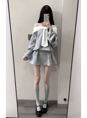 灰雾心事 韩系设计感灰色一字肩蝴蝶结长袖连衣裙收腰显瘦A字短裙