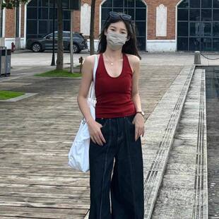 辣妹内搭短款红色U领挂颈小吊带背心女夏季外搭别致绝美无袖上衣
