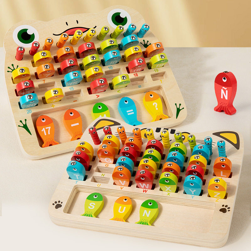 积木玩具婴儿6个月以上儿童木制磁性数字字母钓鱼宝宝早教抓虫配