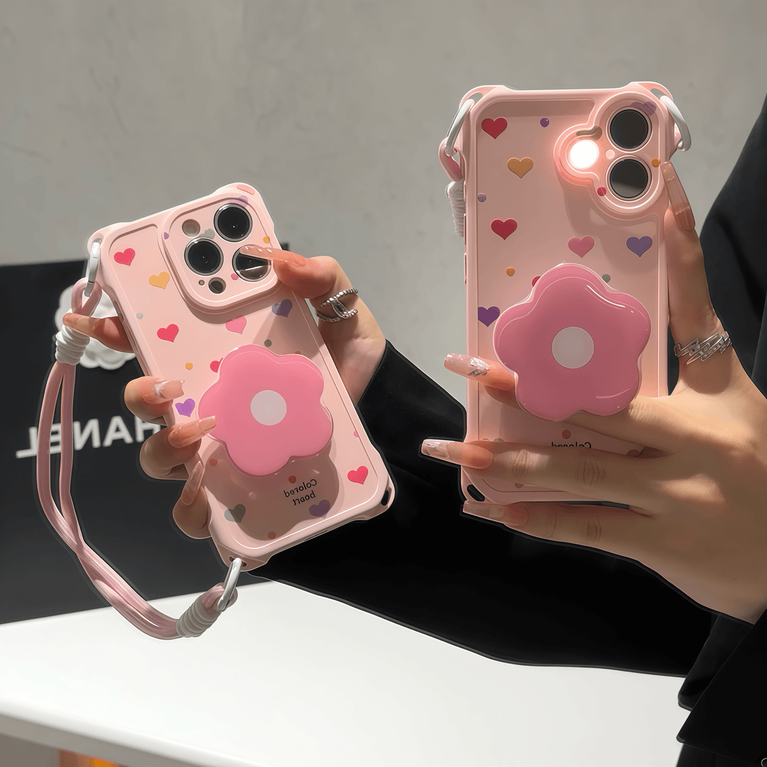 粉爱心花朵支架适用苹果15手机壳