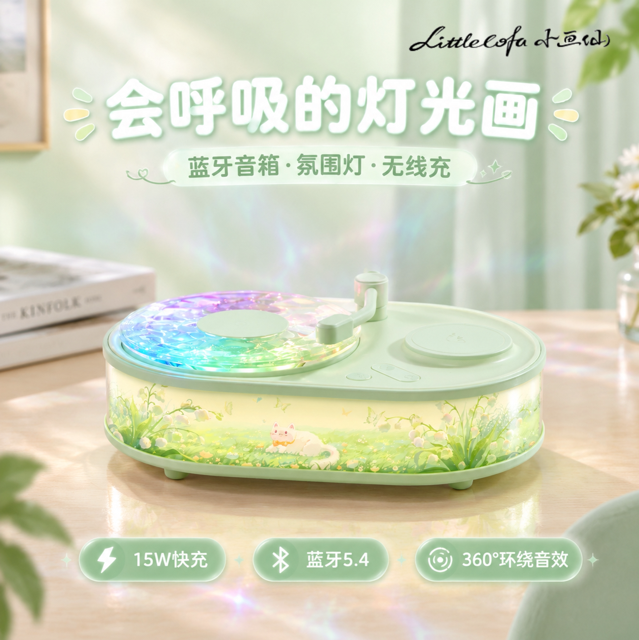 全境氛围无线充蓝牙音箱灯光水波纹投影全景插画旋转唱片装饰音响