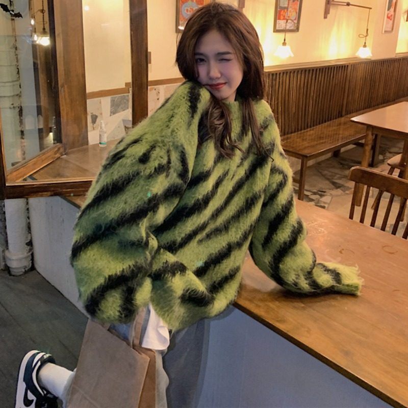 秋冬装新款大码女装软糯马海毛斑马纹毛衣日系慵懒风宽松外穿上衣