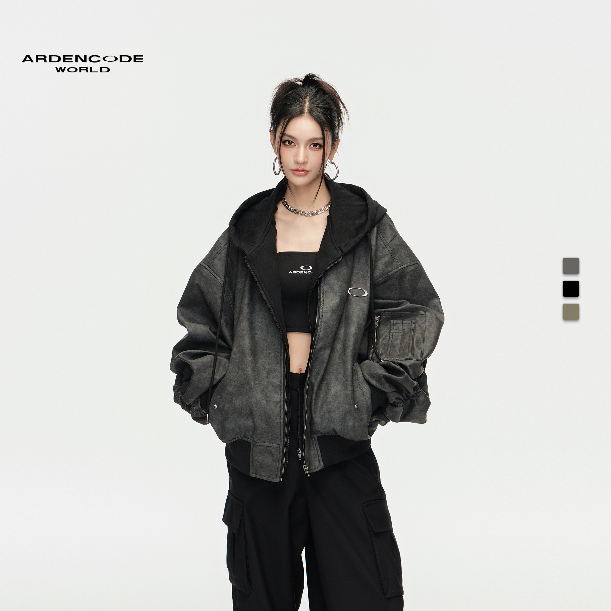 ARDENCODE男女款无限连帽 MA1 超大宽松棒球PU皮夹克外套M8版型