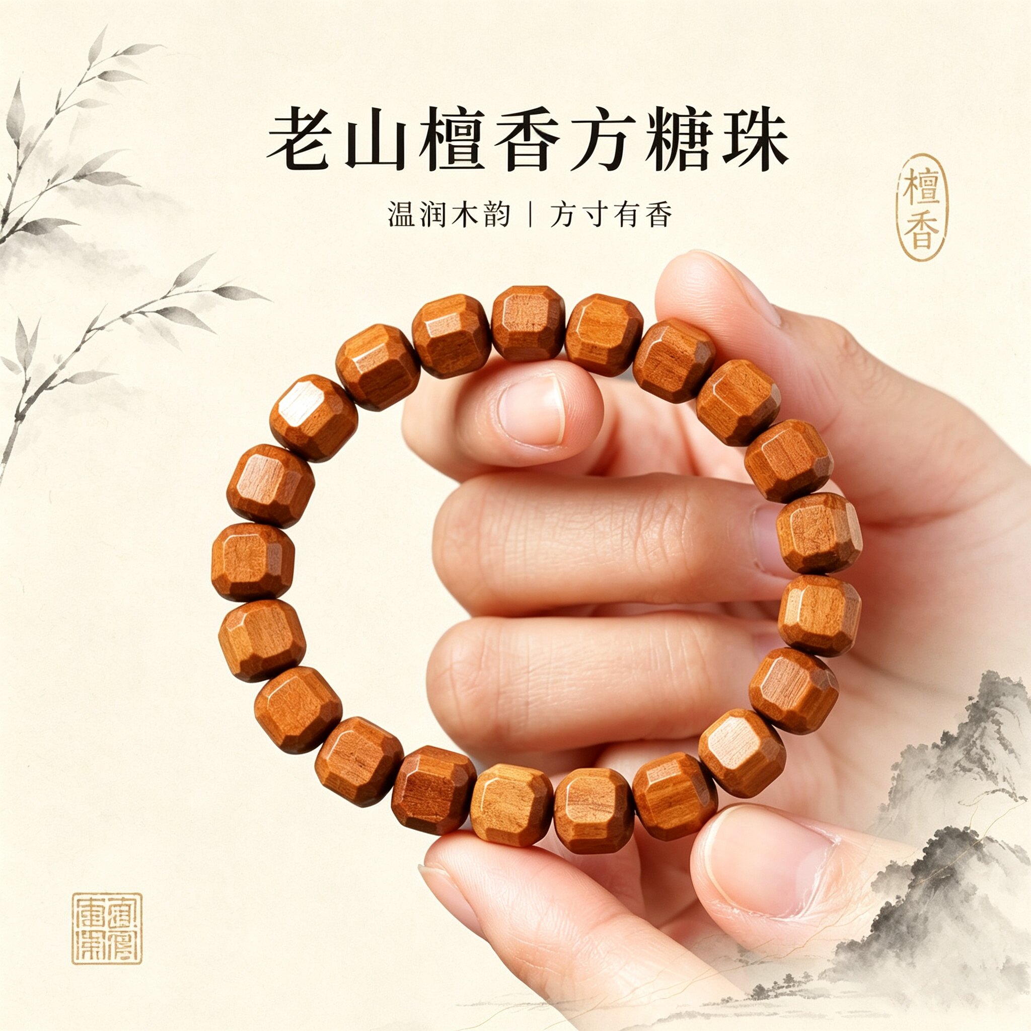 正品老山檀香方糖珠手串复古文艺