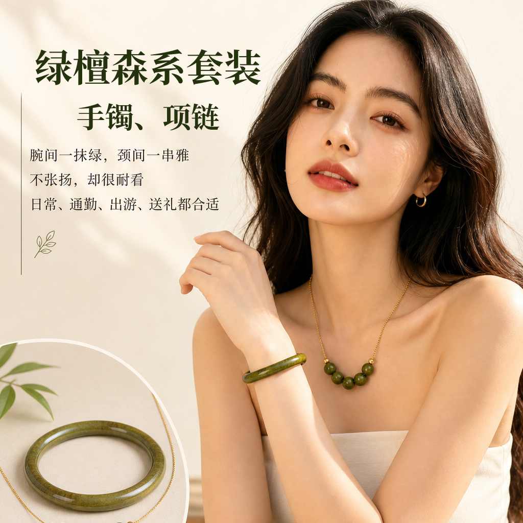 千年天然绿檀手镯子项链百木级显白女款绿檀香新中式饰品木质木镯