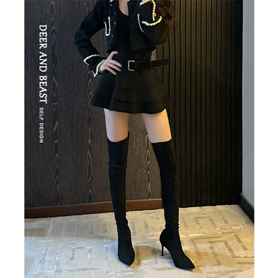 过膝高跟长靴绒面尖头套筒瘦瘦靴