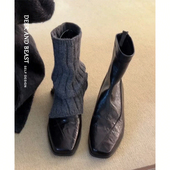 水洗羊皮 通勤低跟方头短靴女粗跟百搭马丁靴真皮秋冬靴子瘦瘦靴