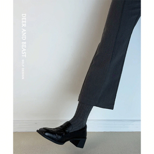 羊皮版~复古通勤真皮方头粗跟乐福鞋女一脚蹬小皮鞋黑色中跟单鞋