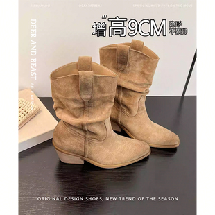 牛皮版 尖头堆堆靴短靴女高跟复古西部牛仔骑士靴马丁靴 赵露思同款