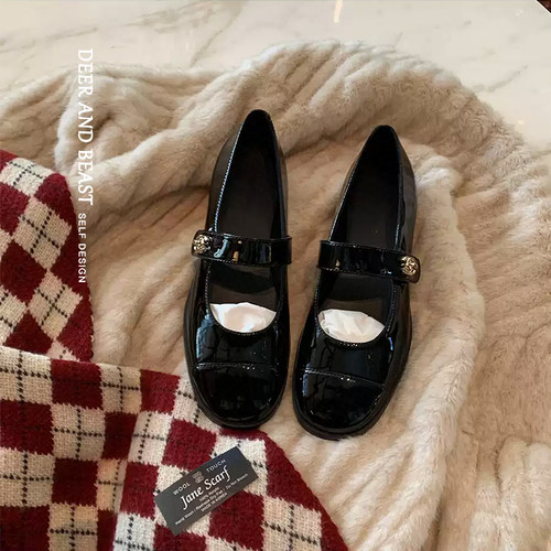 羊皮版小香风粗跟圆头玛丽珍鞋