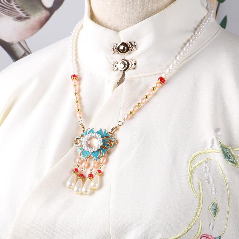 中式仿烧蓝莲花吊坠珍珠长链明制汉服马面裙百搭流苏璎珞