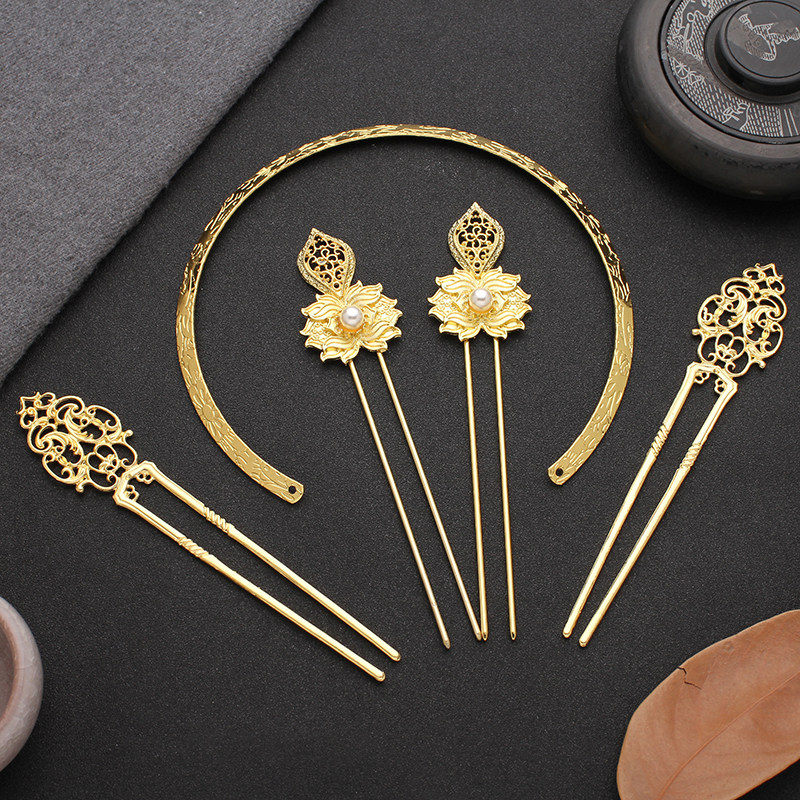 唐风敦煌坦领明制汉服金环雕花兰花叶古风发簪头饰套装古装发饰