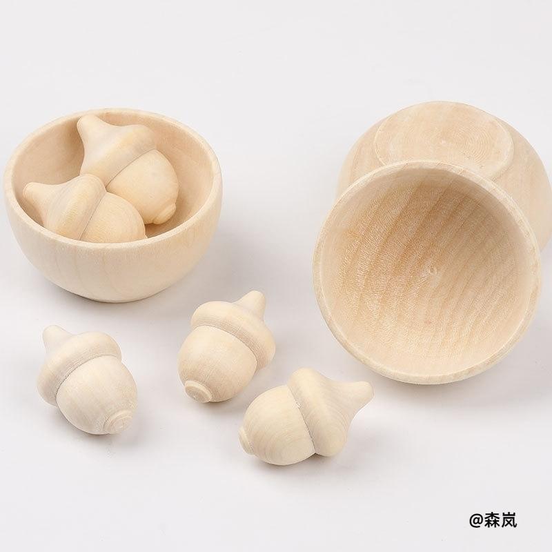 实木打磨橡果小碗组合DIY彩绘白胚儿童益智过家家游戏木质玩具素图片