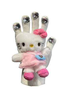 小红书同款保暖针织HelloKittykt猫水钻毛绒手套秋冬