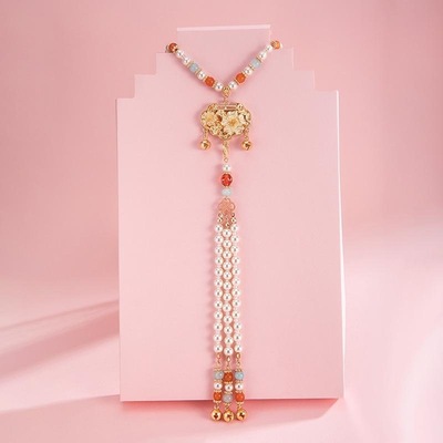 复古项链创意儿童新中式女童古风女士仿珍珠后缀明制背云长命锁