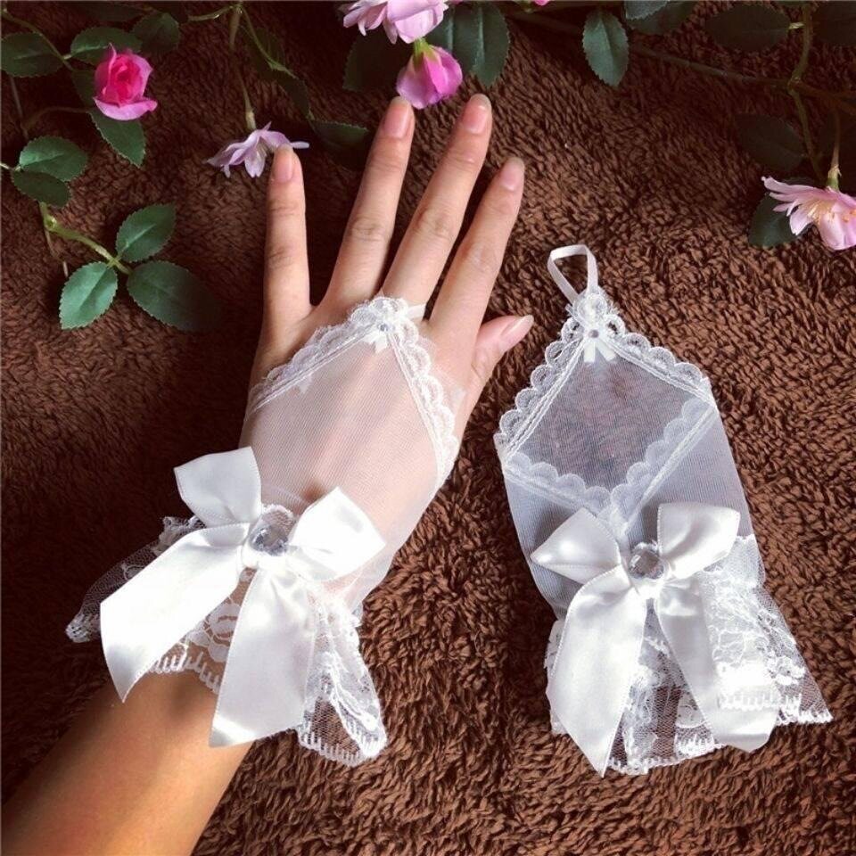 拍照婚纱白色网纱手套结婚新娘生日韩式勾指蕾丝蝴蝶结仙女cos