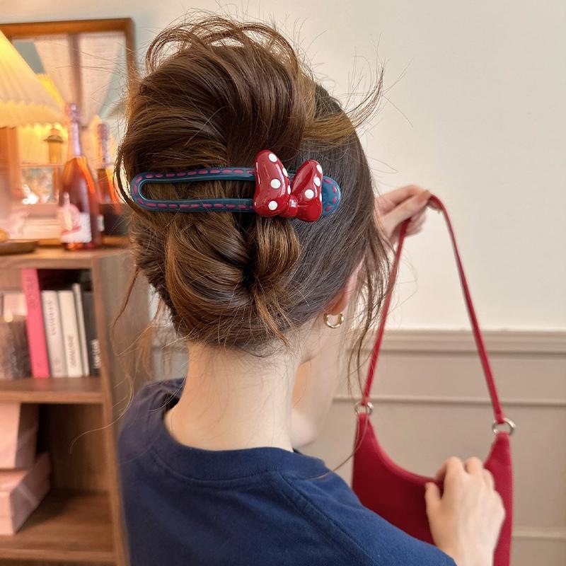 盘发迪士尼拍照必备米奇红蝴蝶结发夹波点韩系少女心鸭嘴夹抓夹