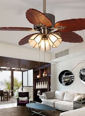 创康美式蒂凡尼吊扇灯餐厅风扇灯吊灯法式实木叶家用客厅遥控风扇