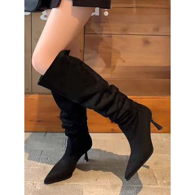 高跟绒面瘦瘦过膝长靴女鞋2025新款秋冬季卡其色堆堆长筒骑士靴子