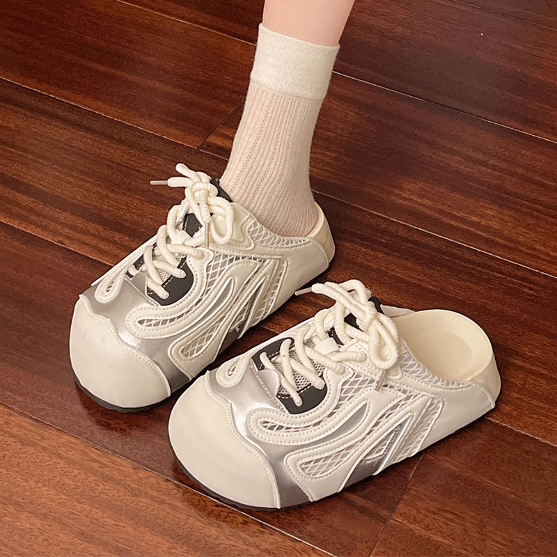 2025夏季时尚厚底小个子增高包头拖鞋女透气网面拼色休闲外穿凉拖