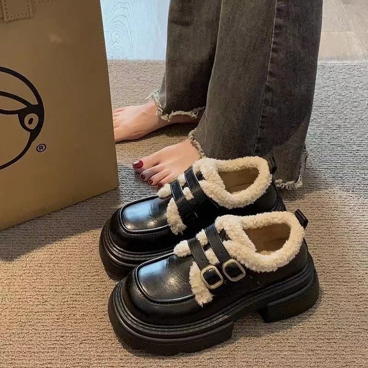 英伦风小皮鞋女冬加绒2025新款韩版百搭时尚厚底保暖棉鞋日系单鞋