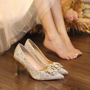 婚鞋亮片水晶高跟鞋女秀禾婚纱尖头粗跟不累脚新娘鞋配礼服伴娘鞋